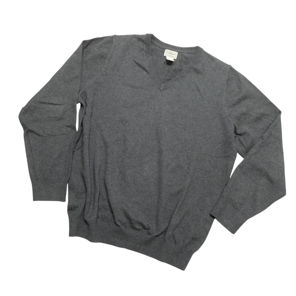 L.L. Bean Sweater Mens L Gray Cotton Cashmere V Neck Knit Pullover Soft Classic